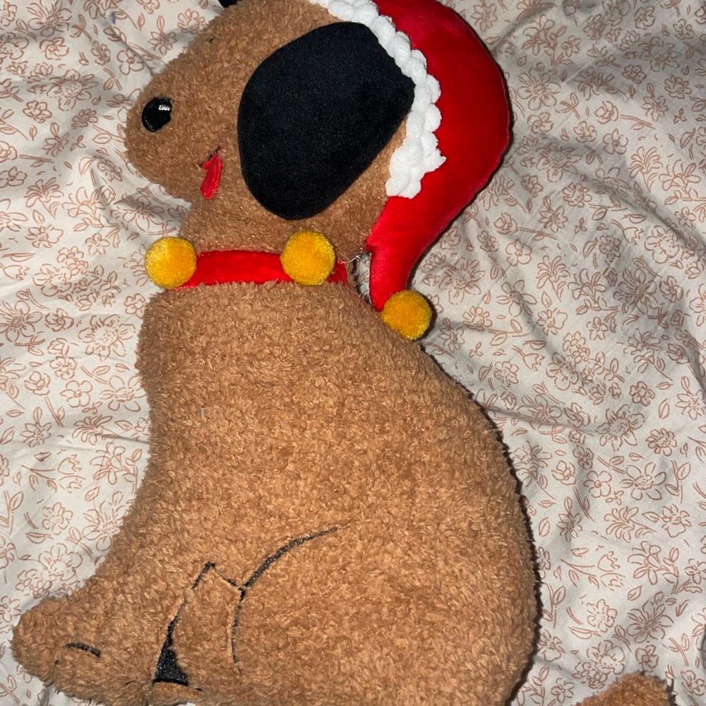 Festive Brown Dog Plush Toy with Red Santa Hat